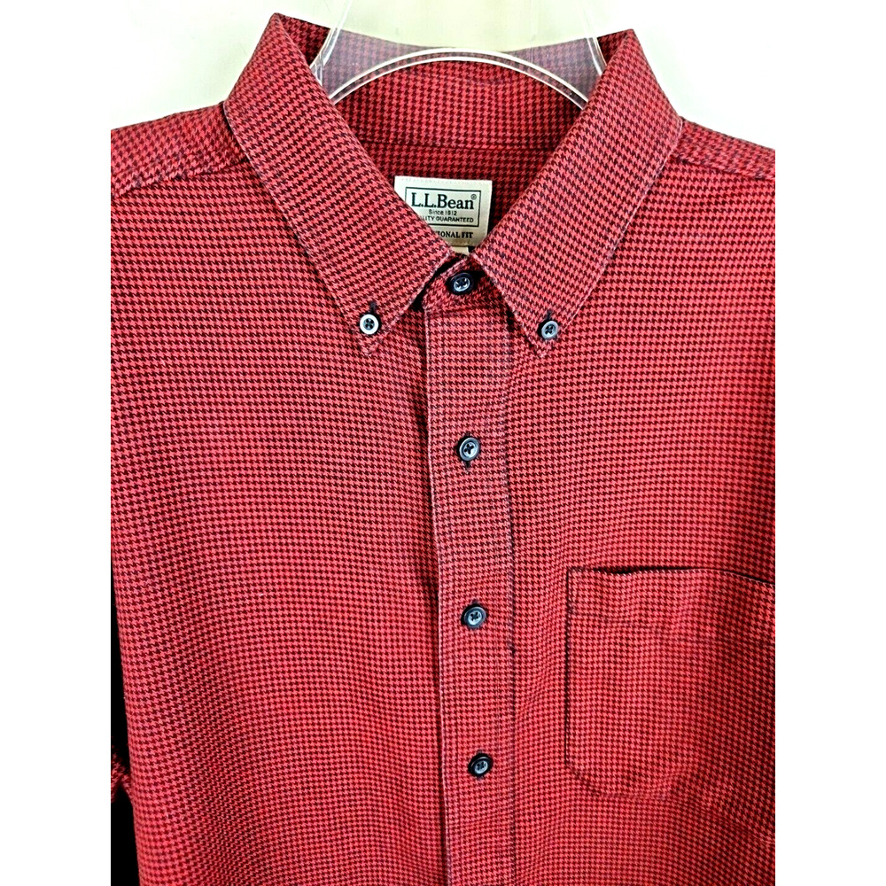 LL Bean Wicked Good Flannel Shirt Mens L Red Black Houndstooth L/S Traditional